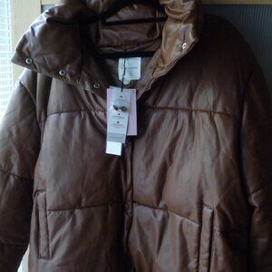 AVEC LES FILLES  TRENDY FAUX BROWN LEATHER PUFFER/JACKET SIZE XL NEW WITH TAGS
